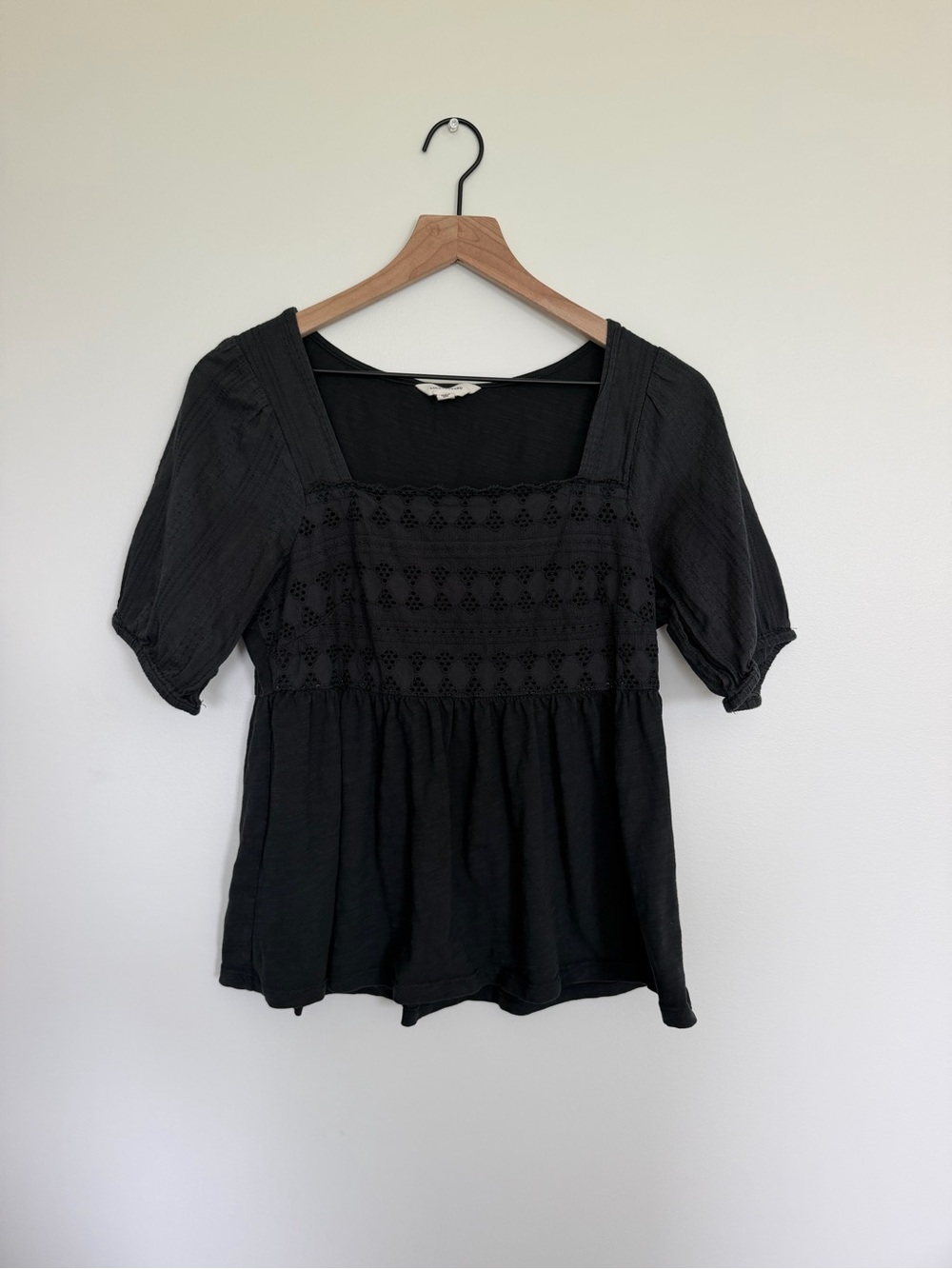Lucky Brand Black Square-Neck Embroidered Puff Sleeve Top